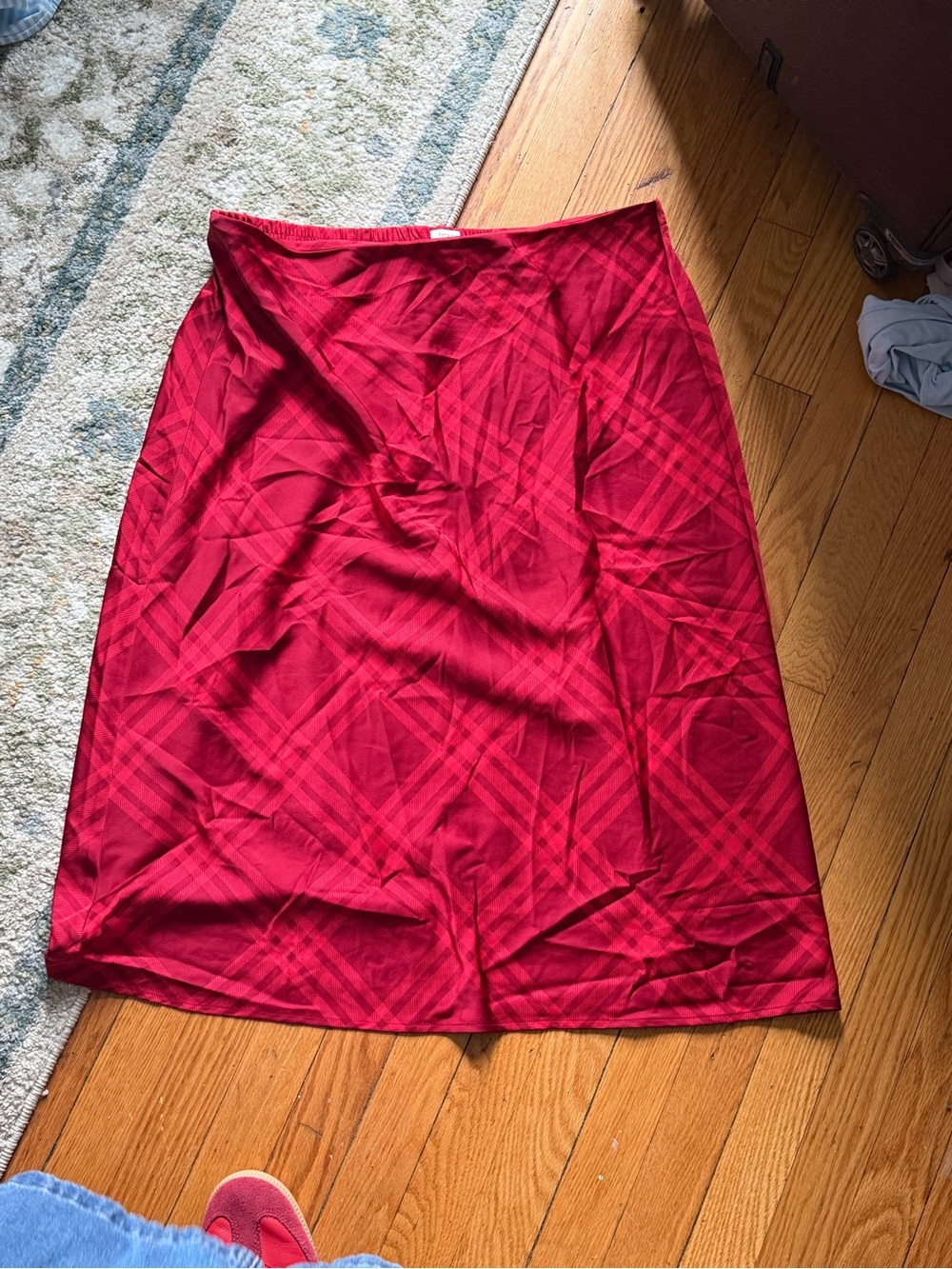 J. Crew Red Midi Skirt with Subtle Plaid